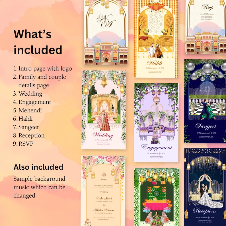 May include: A collection of colorful wedding invitation templates with various designs. The templates include illustrations for wedding events such as Haldi, Sangeet, and Reception. The text includes "What's included" and "Also included" with a list of features.