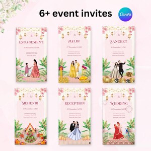 K&ouml;nnte beinhalten: Eine Sammlung von sechs Event-Einladungsvorlagen mit Illustrationen. Jede Einladung zeigt ein anderes Ereignis: Verlobung, Haldi, Sangeet, Mehendi, Empfang und Hochzeit. Die Einladungen haben einen rosa Hintergrund mit Blumen- und Laternenverzierungen.