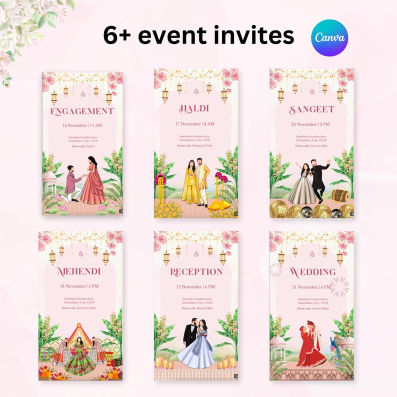 K&ouml;nnte beinhalten: Eine Sammlung von sechs Event-Einladungsvorlagen mit Illustrationen. Jede Einladung zeigt ein anderes Ereignis: Verlobung, Haldi, Sangeet, Mehendi, Empfang und Hochzeit. Die Einladungen haben einen rosa Hintergrund mit Blumen- und Laternenverzierungen.