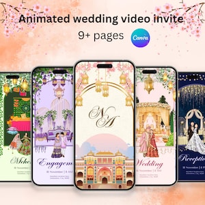 May include: A series of five smartphones displaying animated wedding video invites. Each phone showcases a different design, including floral arrangements, wedding scenes, and text that reads "Mehe", "Engagement", "Wedding", and "Reception". The top of the image reads "Animated wedding video invite".
