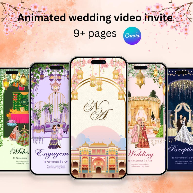 May include: A series of five smartphones displaying animated wedding video invites. Each phone showcases a different design, including floral arrangements, wedding scenes, and text that reads "Mehe", "Engagement", "Wedding", and "Reception". The top of the image reads "Animated wedding video invite".