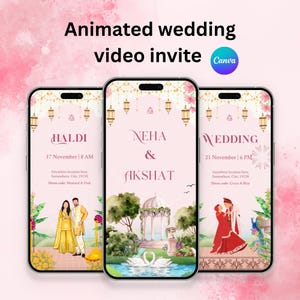 K&ouml;nnte beinhalten: Drei Smartphone-Bildschirme mit animierten Hochzeitsvideoeinladungen. Die Einladungen zeigen Text f&uuml;r eine Haldi, eine Hochzeit und die Namen Neha & Akshat. Der Hintergrund ist rosa mit floralen Akzenten und h&auml;ngenden Laternen. Das Canva-Logo ist sichtbar.