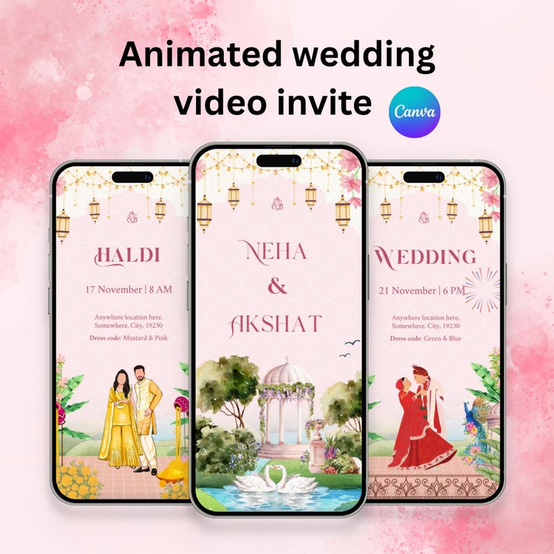 K&ouml;nnte beinhalten: Drei Smartphone-Bildschirme mit animierten Hochzeitsvideoeinladungen. Die Einladungen zeigen Text f&uuml;r eine Haldi, eine Hochzeit und die Namen Neha & Akshat. Der Hintergrund ist rosa mit floralen Akzenten und h&auml;ngenden Laternen. Das Canva-Logo ist sichtbar.