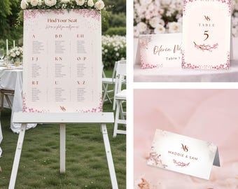 Cherry Blossom Wedding | Seating Chart, Table Numbers & Place Cards Template | Edit in Canva and Print