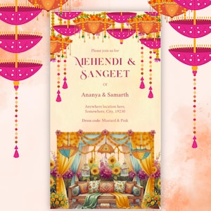 Mehendi Sangeet Indian Wedding Video Invite | Multi-color theme | Editable in Canva