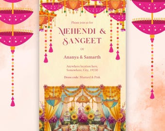 Mehendi Sangeet Indian Wedding Video Invite | Multi-color theme | Editable in Canva