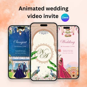 May include: Three smartphones displaying animated wedding video invites. The invites feature elegant designs with text, including "Sangeet" and "Wedding", along with dates and times. The Canva logo is visible.