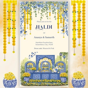 Haldi Indian Wedding Video Invite | Blue pottery theme | Editable in Canva