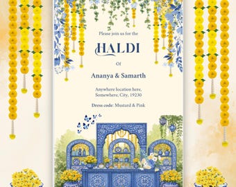 Haldi Indian Wedding Video Invite | Blue pottery theme | Editable in Canva