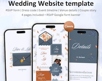 Terracotta and blue florals | Interactive Wedding website invite | Editable Canva Template
