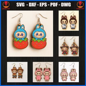 Labubu Earrings Bundle Laser Cut, Cute Cartoon Character Wooden Earrings Svg, Kawaii Bunny Earrings Svg, Cute Wooden Earrings Svg Laser Cut