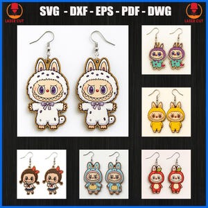 Cute Labubu Character Earrings Bundle Laser Cut, Bunny Monster Earrings Laser Cut, Animal Costume Earring Laser Cut, Labubu Wood earring Svg