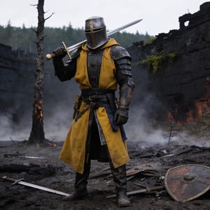Può includere: Un cavaliere medievale con armatura completa, che tiene una lunga spada sulla spalla. Il cavaliere indossa una tunica gialla sopra un'armatura nera, un elmo e guanti di pelle. Lo sfondo mostra un paesaggio bruciato con un albero morto e un muro di pietra.