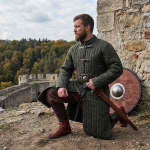 Könnte beinhalten: Eine grüne, gesteppte mittelalterliche Tunika mit Lederverschlüssen. Die Tunika wird mit braunen Hosen und roten Stiefeln getragen. Ein Schwert und ein Schild sind ebenfalls vorhanden. Der Hintergrund zeigt eine Steinmauer und einen Wald.