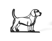 Clean continuous line art design of a Beagle standing in profile on a white background, showing the hound's long ears, sloped back, and full breed silhouette — oversized 3D printed beagle sculpture design, modern minimalist beagle decor, and one-line dog art gift for beagle owners.