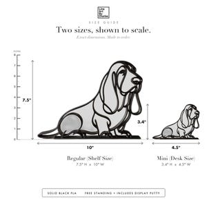 Line Art by Charles Basset Hound sculpture size guide. Regular (Shelf Size) 7.5in tall and Mini (Desk Size) 3.4in tall, shown to scale with exact dimensions.