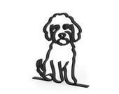 mildly angled view of Line Art by Charles black Mini Goldendoodle line art sculpture dog lovers gift on a studio white background show casing 15 millimeter depth of dog line art decor.