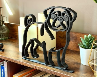 Pug Line Art Sculpture, Minimalist 3D Printed Dog Shelf Decor