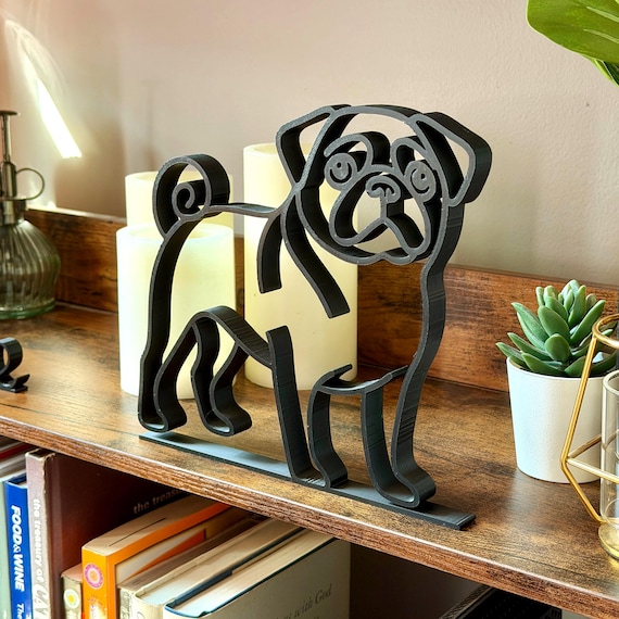 Pug Line Art Sculpture, Minimalist 3D Printed Dog Shelf Decor