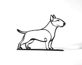 Clean continuous line art design of a bull terrier on a white background, showing the full minimalist dog silhouette and breed-specific proportions of the bull terrier — modern 3D printed dog sculpture design, minimalist bull terrier decor, and one-line dog art gift for dog lovers.
