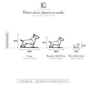 Line Art by Charles Bull Terrier sculpture size guide. Regular (Shelf Size) 7.7in tall and Mini (Desk Size) 3.3in tall, shown to scale with exact dimensions.