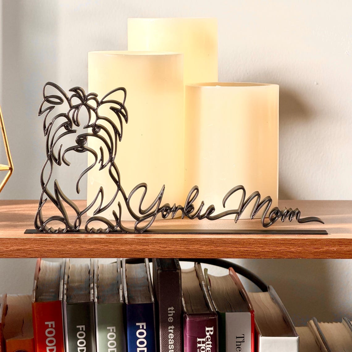 Yorkie Mom line art sculpture in black on wooden shelf with candles and cookbooks, Mother's Day gift for Yorkshire Terrier mom