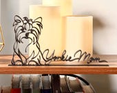 Yorkie Mom line art sculpture in black on wooden shelf with candles and cookbooks, Mother's Day gift for Yorkshire Terrier mom