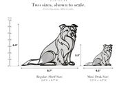 Line Art by Charles Border Collie sculpture size guide. Regular (Shelf Size) 6.4in tall and Mini (Desk Size) 3.3in tall, shown to scale with exact dimensions.