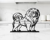 Front view of the Tibetan Mastif sculpture on a luxurious white marbled modern kitchen. Showcasing its dimensional 3D lines and modern minimalist design, styled with candles and home accessories.