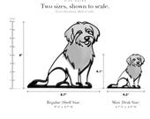 Line Art by Charles Aussiedoodle sculpture size guide. Regular (Shelf Size) 8.0in tall and Mini (Desk Size) 4.1in tall, shown to scale with exact dimensions.
