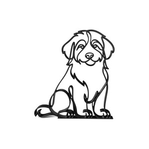 Alternate line art design of a sitting Bernedoodle on a white background, showing the puppy-soft expression, fluffy doodle coat, and clean continuous-line silhouette — minimalist 3D printed Bernedoodle decor design, one-line dog art, and Bernedoodle puppy gift idea for doodle lovers and dog moms.