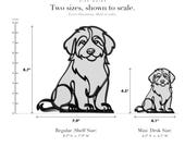 Line Art by Charles Bernedoodle sculpture size guide. Regular (Shelf Size) 8.7in tall and Mini (Desk Size) 4.5in tall, shown to scale with exact dimensions.