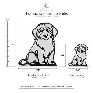 Line Art by Charles Bernedoodle sculpture size guide. Regular (Shelf Size) 8.7in tall and Mini (Desk Size) 4.5in tall, shown to scale with exact dimensions.
