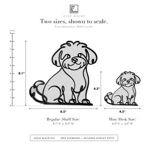 Line Art by Charles Maltipoo sculpture size guide. Regular (Shelf Size) 8.1in tall and Mini (Desk Size) 4.3in tall, shown to scale with exact dimensions.