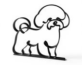 Clean continuous line art design of a Bichon Frise standing in profile on a white background, showing the breed's plush cotton-ball coat and cheerful Bichon silhouette — minimalist 3D printed Bichon Frise sculpture design, modern white fluffy dog decor, and one-line dog art gift.
