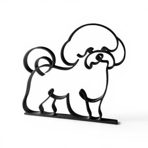 Clean continuous line art design of a Bichon Frise standing in profile on a white background, showing the breed's plush cotton-ball coat and cheerful Bichon silhouette — minimalist 3D printed Bichon Frise sculpture design, modern white fluffy dog decor, and one-line dog art gift.