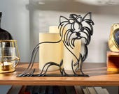 Gift for Yorkie dad, long haired Yorkshire Terrier line art sculpture on wood shelf with candles, minimalist Yorkie mom gift home decor