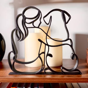 Dog mom gift on bookshelf with candles, girl and her dog black line art sculpture, dog mom Mothers Day gift, dog lover gift for women, dog mom birthday gift, dog mom Christmas gift, gift for dog mom, woman and dog figurine, dog and owner home decor, pet lover gift, dog mom shelf decor, sculpture of girl with dog, dog mom keepsake