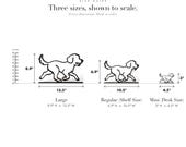 Line Art by Charles Large Running Goldendoodle sculpture size guide. Regular (Shelf Size) 8.88in tall and Mini (Desk Size) 3in tall, shown to scale with exact dimensions.