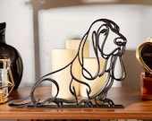 Basset Hound gift for Basset mom displayed on wood bookshelf with candles, minimalist black line art dog sculpture home decor gift for dog lovers