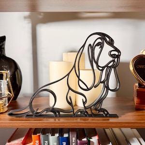 Basset Hound gift for Basset mom displayed on wood bookshelf with candles, minimalist black line art dog sculpture home decor gift for dog lovers