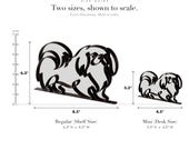 Line Art by Charles Pekingese sculpture size guide. Regular (Shelf Size) 6.3in tall and Mini (Desk Size) 3.3in tall, shown to scale with exact dimensions.