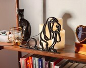 Gift for Basset Hound dad, black line art Basset Hound sculpture on wood shelf with candles, minimalist Basset mom gift home decor
