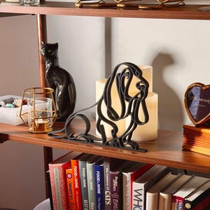 Gift for Basset Hound dad, black line art Basset Hound sculpture on wood shelf with candles, minimalist Basset mom gift home decor
