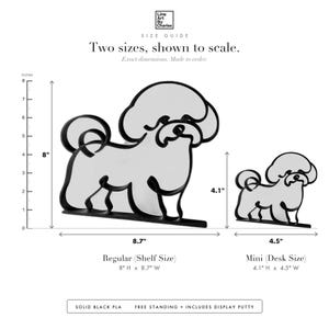 Line Art by Charles Bichon Frise sculpture size guide. Regular (Shelf Size) 8.0in tall and Mini (Desk Size) 4.1in tall, shown to scale with exact dimensions.
