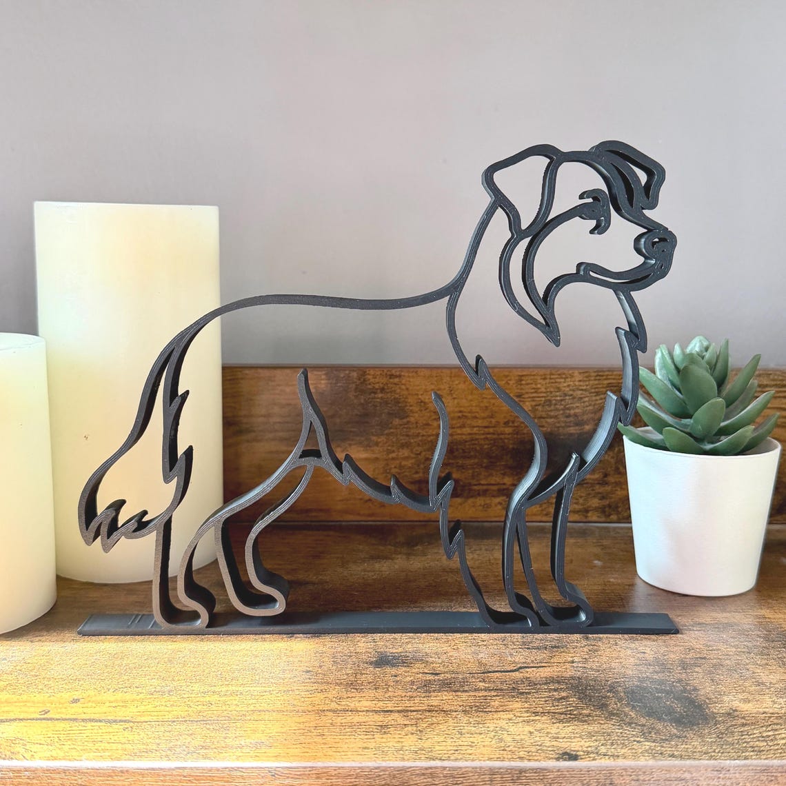 Minimalist Australian Shepherd sculpture in black line art, modern pet decor for shelves and mantels