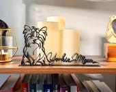 Close up of Yorkie Mom sculpture in matte black with elegant cursive script, Mother's Day gift idea for Yorkie owners