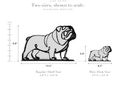 Line Art by Charles English Bulldog sculpture size guide. Regular (Shelf Size) 6.8in tall and Mini (Desk Size) 3in tall, shown to scale with exact dimensions.