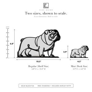 Line Art by Charles English Bulldog sculpture size guide. Regular (Shelf Size) 6.8in tall and Mini (Desk Size) 3in tall, shown to scale with exact dimensions.