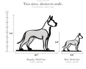 Line Art by Charles Great Dane sculpture size guide. Regular (Shelf Size) 7.5in tall and Mini (Desk Size) 3.9in tall, shown to scale with exact dimensions.